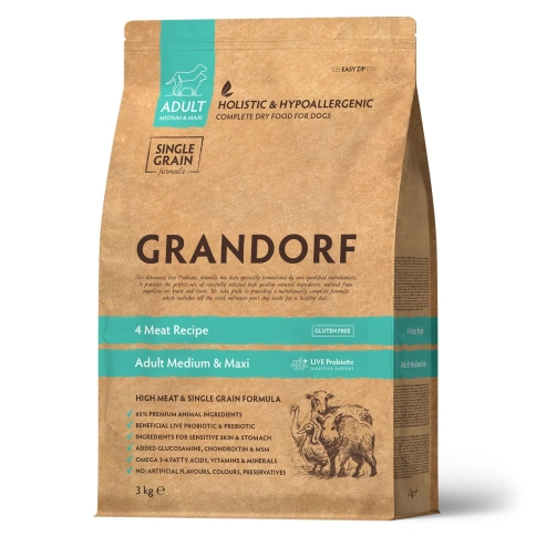 Сухой корм Grandorf 4 Meat Probiotic Med & Maxi Четыре вида мяса для взрослых собак средних и крупных пород, 10 кг фото 1