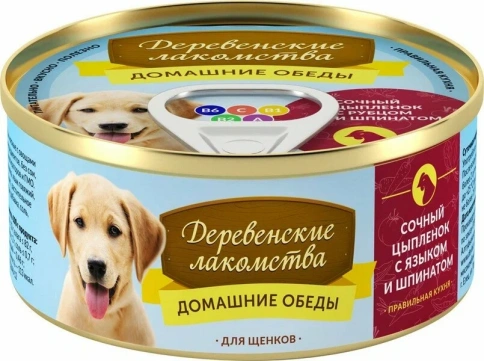 Влажный корм «Деревенские лакомства» домашние обеды Сочный цыпленок для щенков с шпинатом, 100 г фото 1