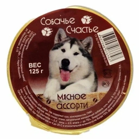 Влажный корм Собачье Счастье Meat Assortment для собак, мясное ассорти в желе, 125 г фото 1