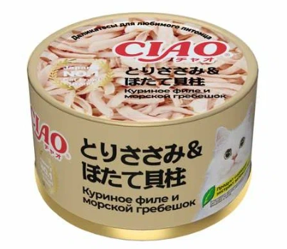 Влажный корм Inaba Ciao Chicken для кошек, куриное филе и морской гребешок, 85 г фото 1