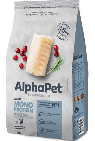 Сухой корм ALPHAPET Superpremium Monoprotein White Fish для взрослых кошек, с белой рыбой, 1,5 кг фото 1