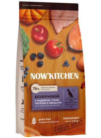 Сухой корм NOW'KITCHEN Fresh Senior Turkey, Duck & Salmon для собак крупных пород старше 7 лет со свежей индейкой,уткой, с индейкой, уткой и лососем, 9,98 кг фото 1
