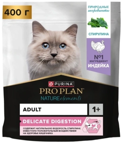 Сухой корм PRO PLAN Nature Elements Turkey для взрослых кошек с чувствительным пищеварением или особыми предпочтениями в еде, с высоким содержанием индейки, 400 г фото 1