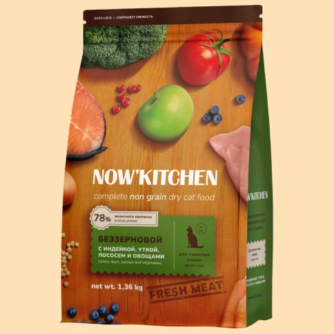 Сухой корм NOW'KITCHEN Fresh Senior Turkey, Duck & Salmon для кошек старше 7 лет со свежей индейкой, с индейкой, уткой и лососем, 1,36 кг фото 1