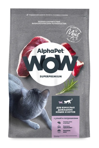 Сухой корм ALPHAPET WOW Superpremium Duck & Giblets для взрослых домашних кошек и котов, с уткой и потрошками, 7 кг фото 1