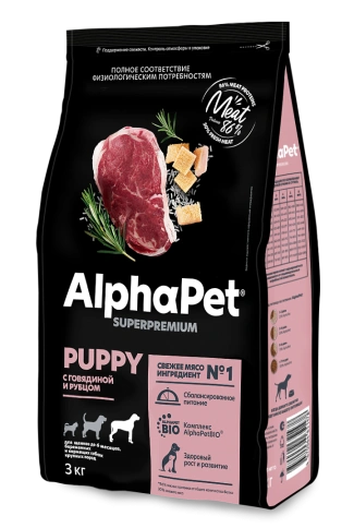 Сухой корм ALPHAPET Superpremium Beef & Tripe для щенков, до 6 месяцев, беременных и кормящих собак крупных пород, с говядиной и рубцом, 3 кг фото 1