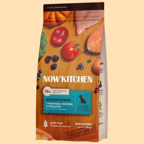 Сухой корм NOW'KITCHEN Fresh Small Adult Trout & Salmon для взрослых собак малых пород со свежей, с форелью и лососем, 9,98 кг фото 1