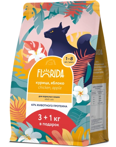 Сухой корм FLORIDA Adult Chicken & Apple для взрослых кошек, с курицей и яблоком, 4 кг фото 1