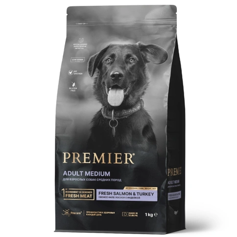 Сухой корм Premier Dog Salmon & Turkey Adult Medium для собак средних пород, 1 кг фото 1