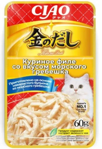 Влажный корм Inaba Ciao Kinnodash Chicken для кошек, куриное филе со вкусом морского гребешка в желе, 60 г фото 1