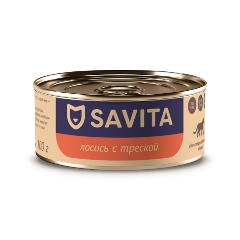Влажный корм SAVITA Salmon & Cod для стерилизованных кошек, с лососем и треской, 100 г фото 1