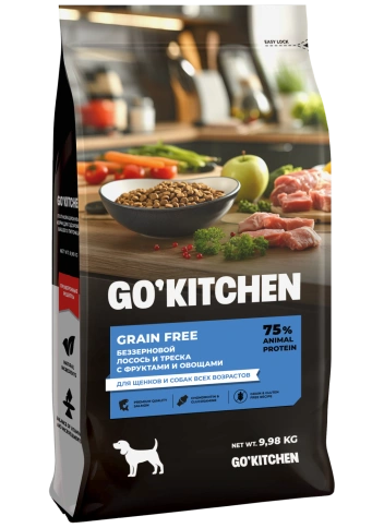 Сухой корм GO'KITCHEN Для щенков и собак всех возрастов с лососем, треской, фруктами и овощами, 9.98 кг фото 1