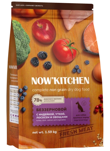 Сухой корм NOW'KITCHEN Fresh Large Adult Turkey, Duck & Salmon для взрослых собак крупных пород со свежей индейкой,уткой, с индейкой, уткой и лососем, 1,59 кг фото 1