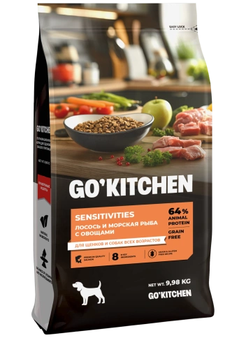Сухой корм GO'KITCHEN для щенков и собак всех возрастов для чувствительного пищеварения с лососем и морской рыбой, 9.98 кг фото 2