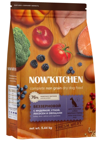 Сухой корм NOW'KITCHEN Fresh Senior Turkey, Duck & Salmon для собак крупных пород старше 7 лет со свежей индейкой,уткой, с индейкой, уткой и лососем, 5,44 кг фото 1