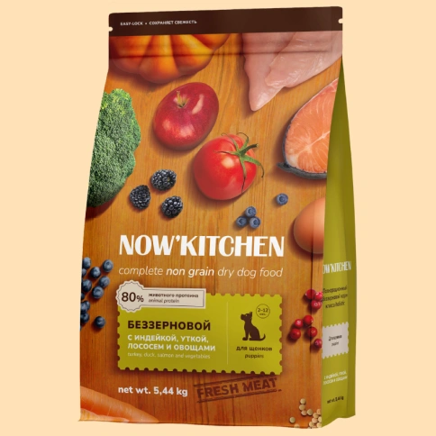Сухой корм NOW'KITCHEN Fresh Puppy Turkey, Duck & Salmon для щенков со свежей индейкой, с индейкой, уткой и лососем, 5,44 кг фото 1