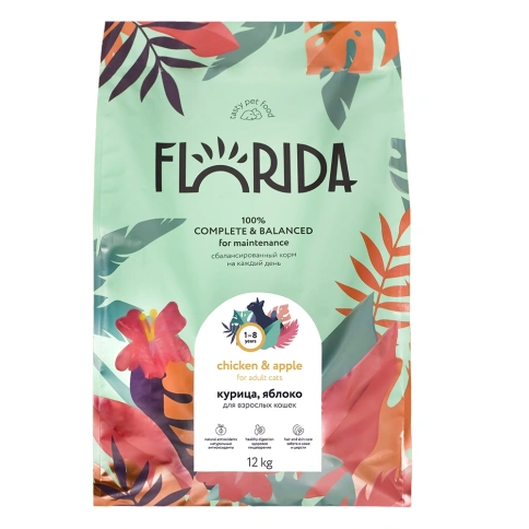 Сухой корм FLORIDA Adult Chicken & Apple для взрослых кошек, с курицей и яблоком, 12 кг фото 1
