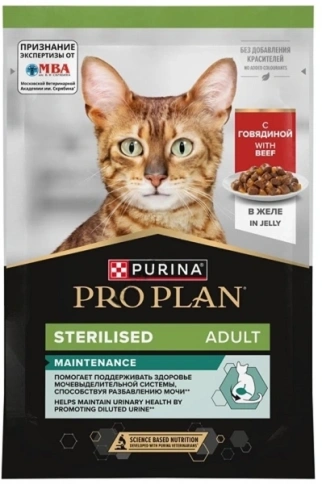 Влажный корм PRO PLAN Beef для стерилизованных кошек и кастрированных котов, кусочки, с говядиной, в желе, 85 г фото 1