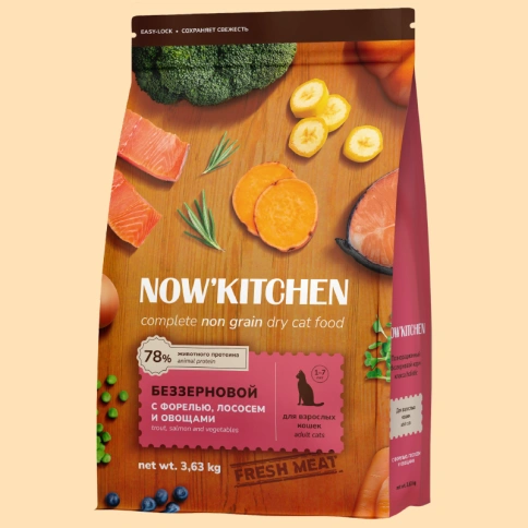 Сухой корм NOW'KITCHEN Fresh Adult Trout, Salmon & Vegetables для взрослых кошек со свежей форелью, лососем и овощами, 3,63 кг фото 1