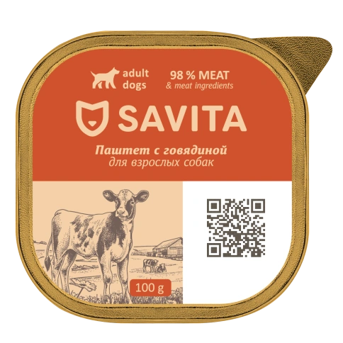 Влажный корм SAVITA паштет для собак со свежей говядиной, 100 г фото 1