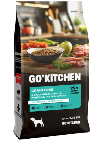 Сухой корм GO'KITCHEN для пожилых собак всех пород с курицей, индейкой, лососем и уткой, 9.98 кг фото 2